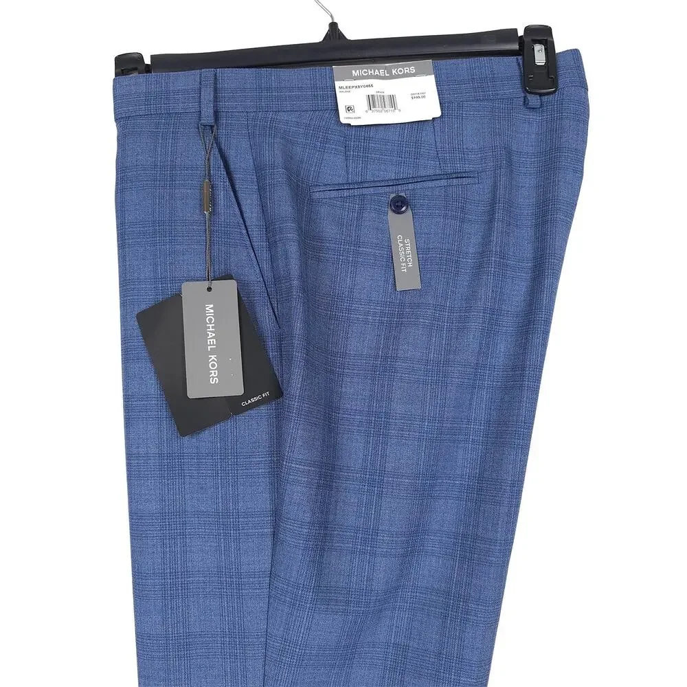 Michael Kors Mens Classic Fit 2 Piece Suit 42R 38x30 Blue Plaid Stretch Wool NWT